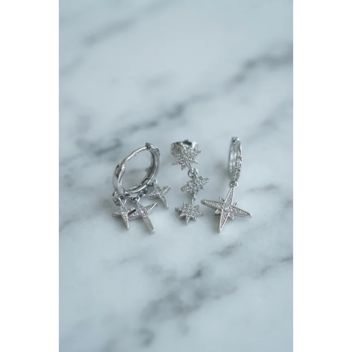 Kutup Yıldızı Model Gümüş Renk 3 lü Küpe Set