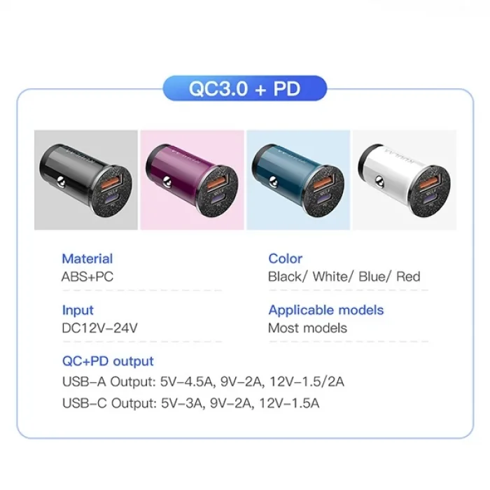 KUULAA 42W USB + Type-C Çift Çıkışlı Mini Hızlı Araç Şarj Cihazı-(5775)