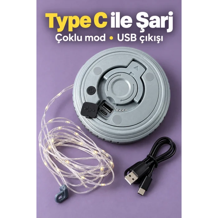 LED Şeritli Kamp Işığı Type C Şarj Girişli