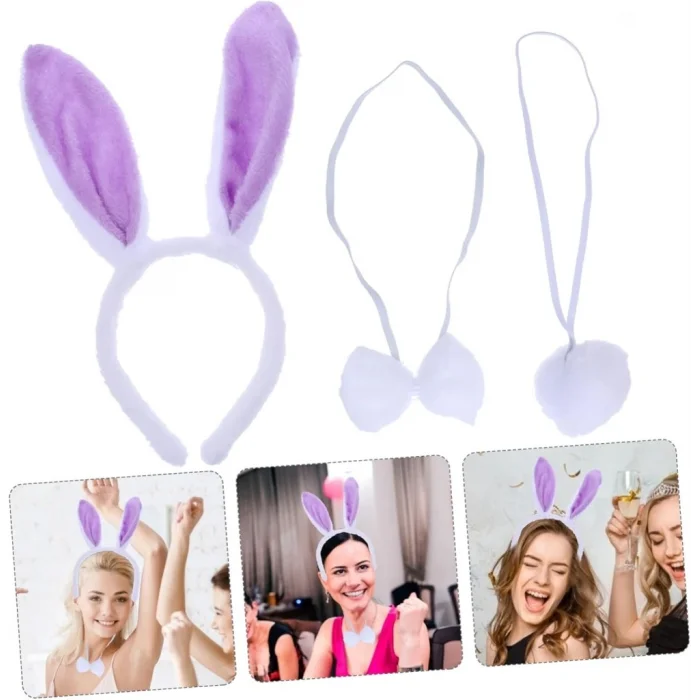 Lila Mor Tavşan Kulak Papyon Kuyruk 3 lü Parti Seti