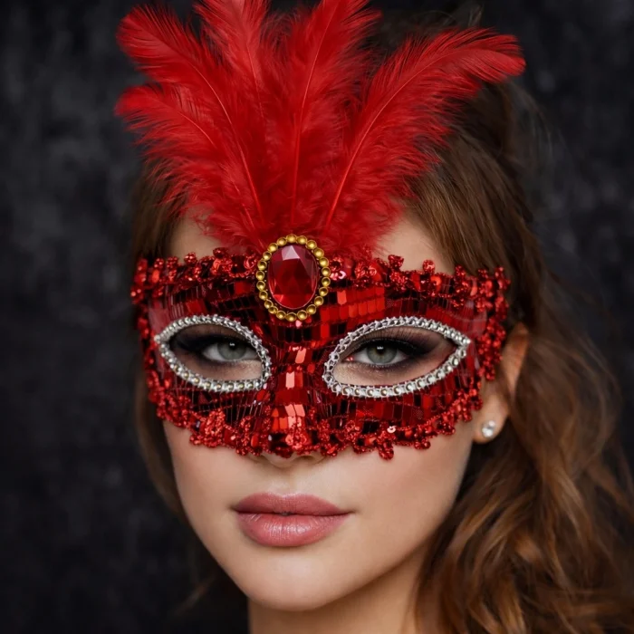 Lüks Kırmızı Tüylü Taşlı Balo Maskesi