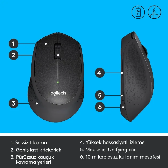 M330 SESSİZ KABLOSUZ USB OPTİK MOUSE SİYAH 910-004909