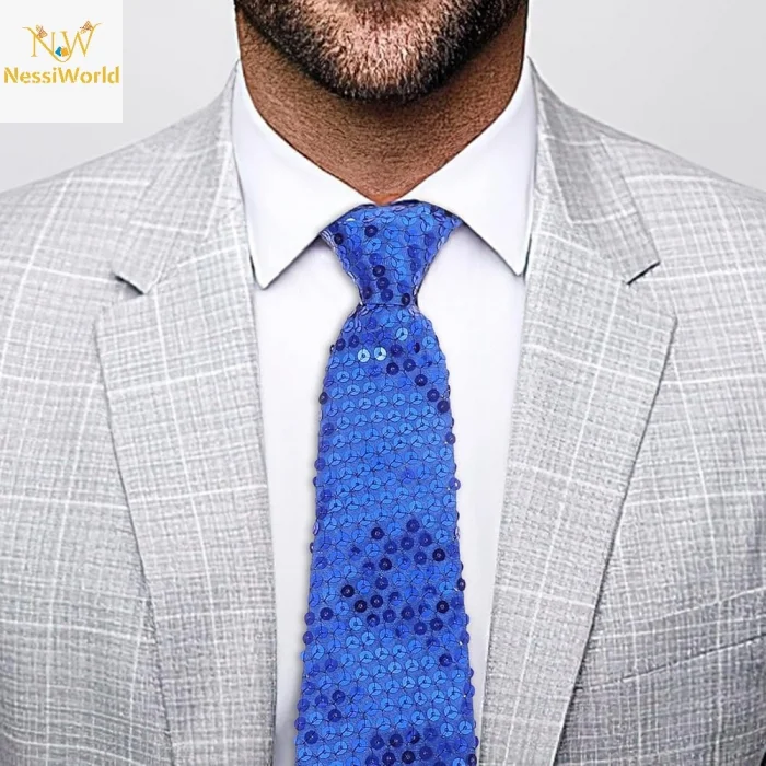 Mavi Pul Payetli Işıltılı Parti Kravatı 33 cm