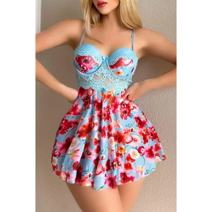 Mavi Rüya Gecesi Çiçekli Askılı Mini Gecelik 15628