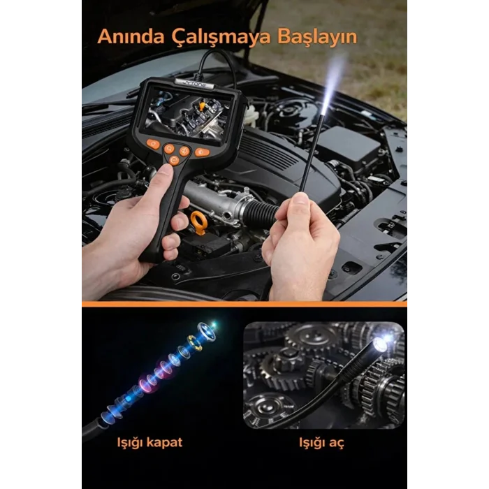 Monitörlü Tek Kameralı 5 Mt Sert Kablo Yılan Endoskop Kamera 5,5 Mm 4.3 Inc Ekran Ip67 Su Geçirmez