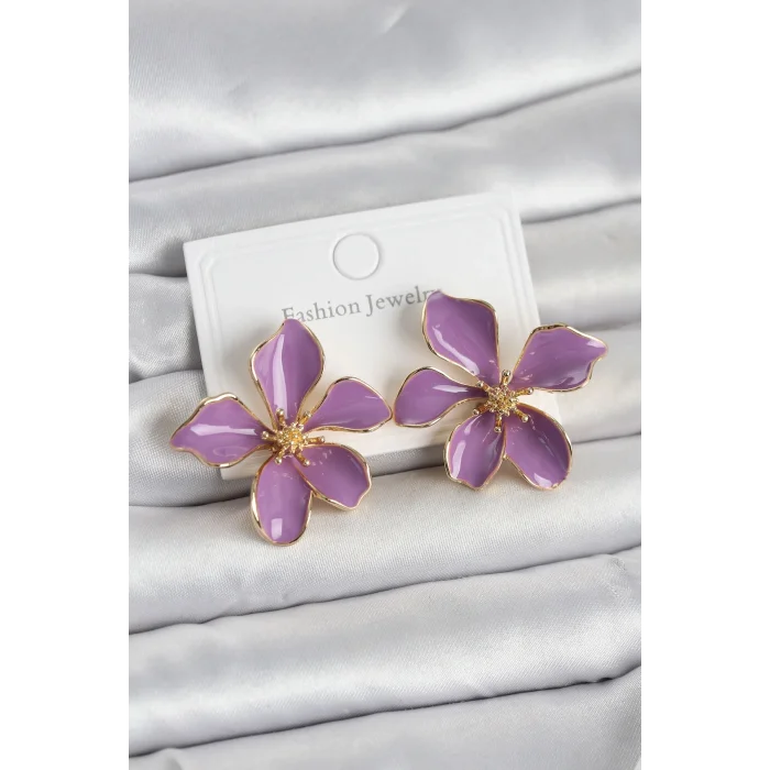 Mor Mineli Çiçek Model Pirinç Kadın Küpe