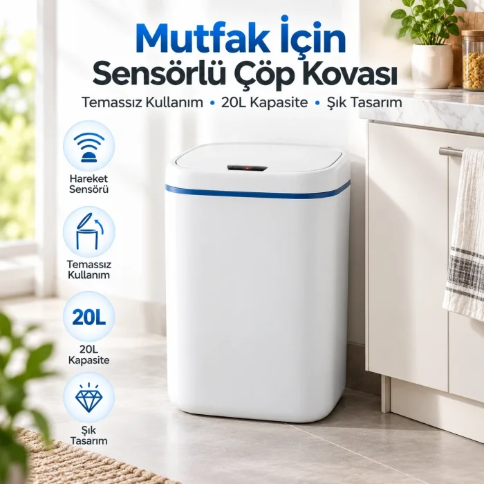 Mutfak İçin 20L Sensörlü Otomatik Kapaklı Çöp Kovası