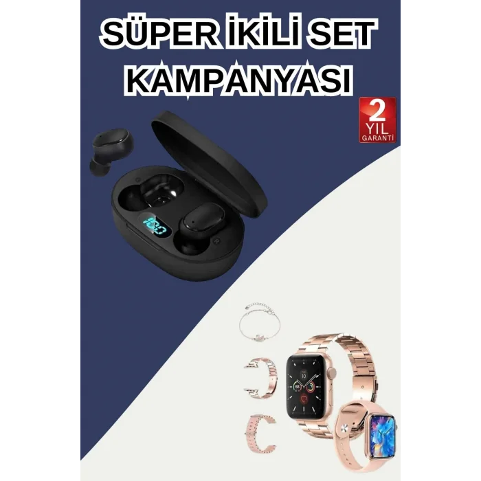 Nabız Ölçer Hediye Bileklikli Akıllı Saat ve Dijital Göstergeli Bluetooth Kulaklık Çoklu Şarj Girişi