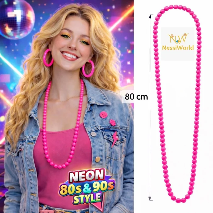 Neon Pembe Boncuk Kolye 80 cm – Retro 80’ler 90’lar Parti Aksesuarı