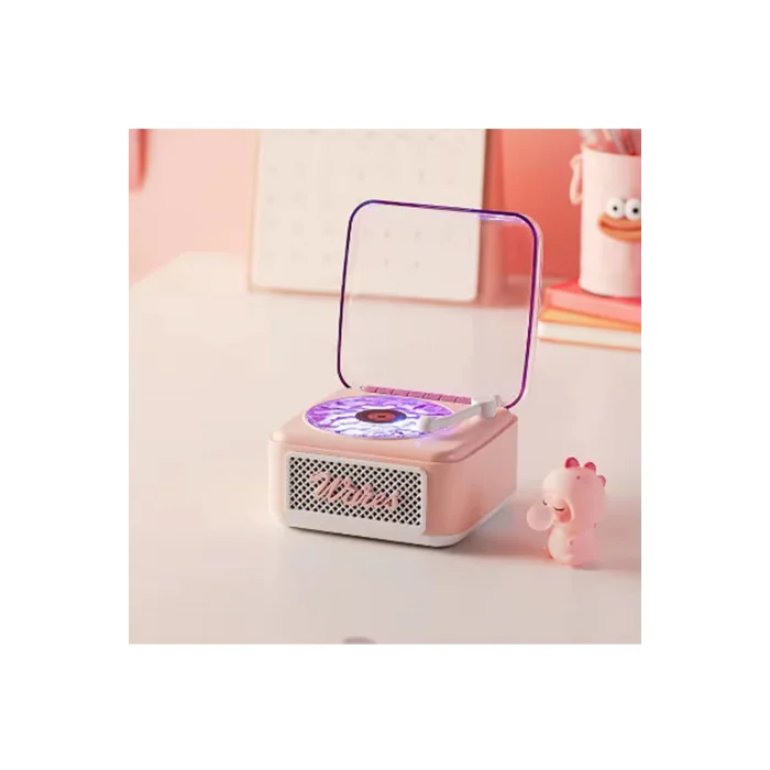 Nostalji Mini Plak Görünümlü Radyolu Bluetooth Hoparlör 3d Ses Dalgası Retro Müzik Plak Pembe