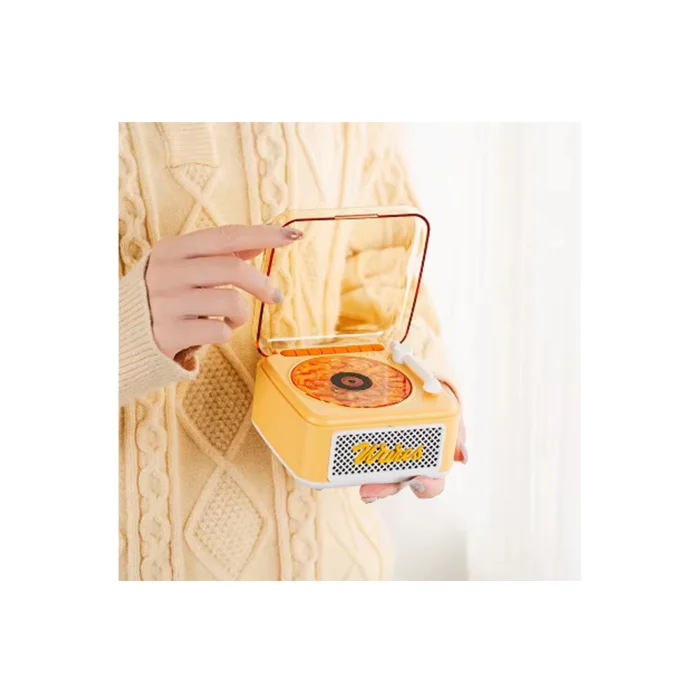 Nostalji Mini Plak Görünümlü Radyolu Bluetooth Hoparlör 3d Ses Dalgası Retro Müzik Plak Sarı