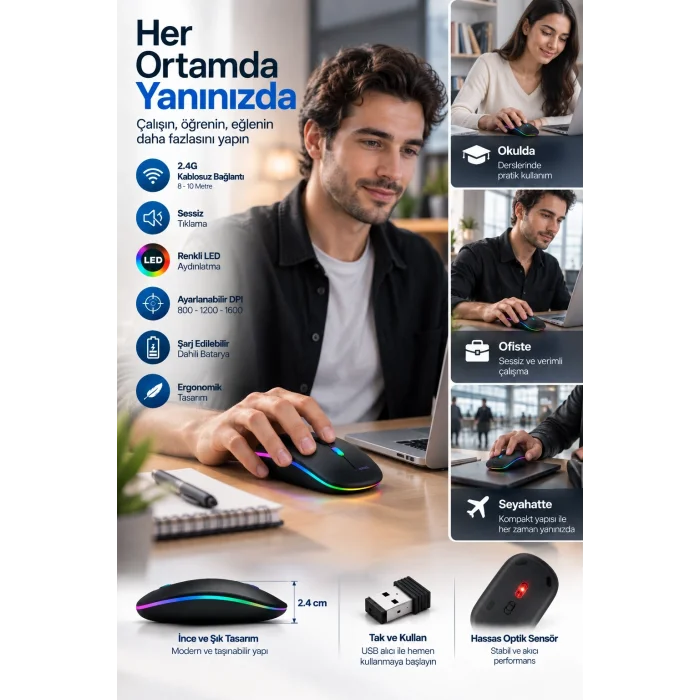 Ofis Ev Okul Kullanımına Uygun Şarjlı Kablosuz Mouse