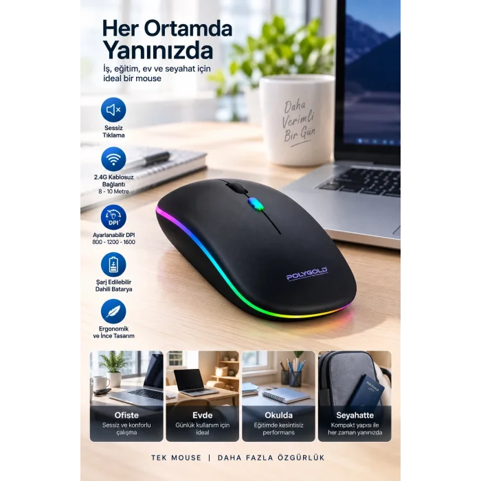 Ofis Ev Okul Kullanımına Uygun Şarjlı Kablosuz Mouse