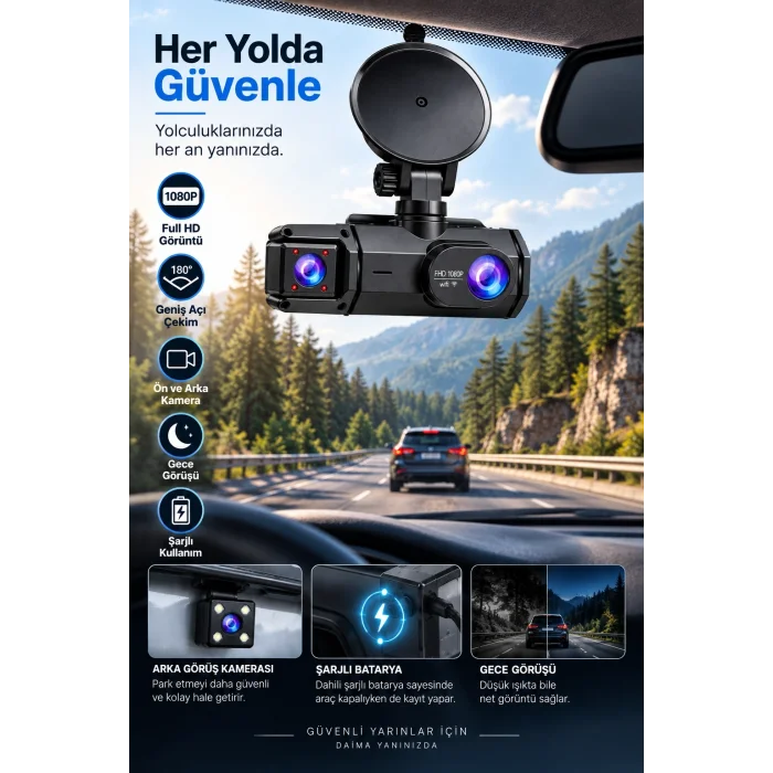 Ön Arka Kayıt 1080P Full HD 180° Geniş Açı Şarjlı Kullanım