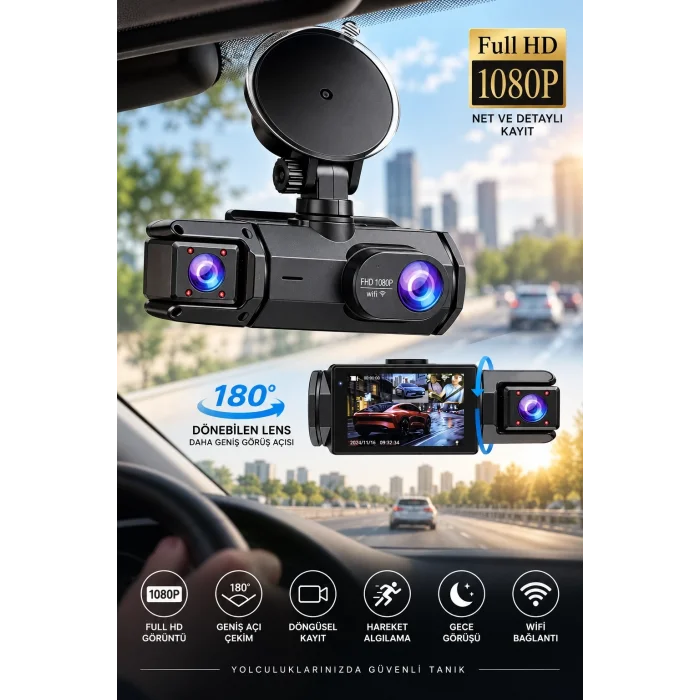 Ön Arka Kayıt 1080P Full HD 180° Geniş Açı Şarjlı Kullanım