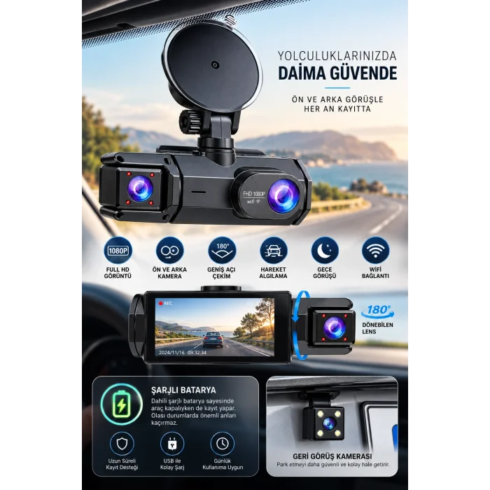 Ön Arka Kayıt 1080P Full HD 180° Geniş Açı Şarjlı Kullanım