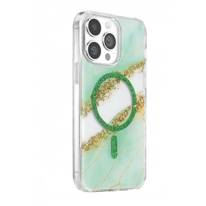Onegif Apple İphone 14 Pro Max Lotus Simli Magsafe Kapak - Yeşil