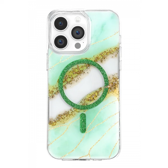 Onegif Apple İphone 14 Pro Max Lotus Simli Magsafe Kapak - Yeşil