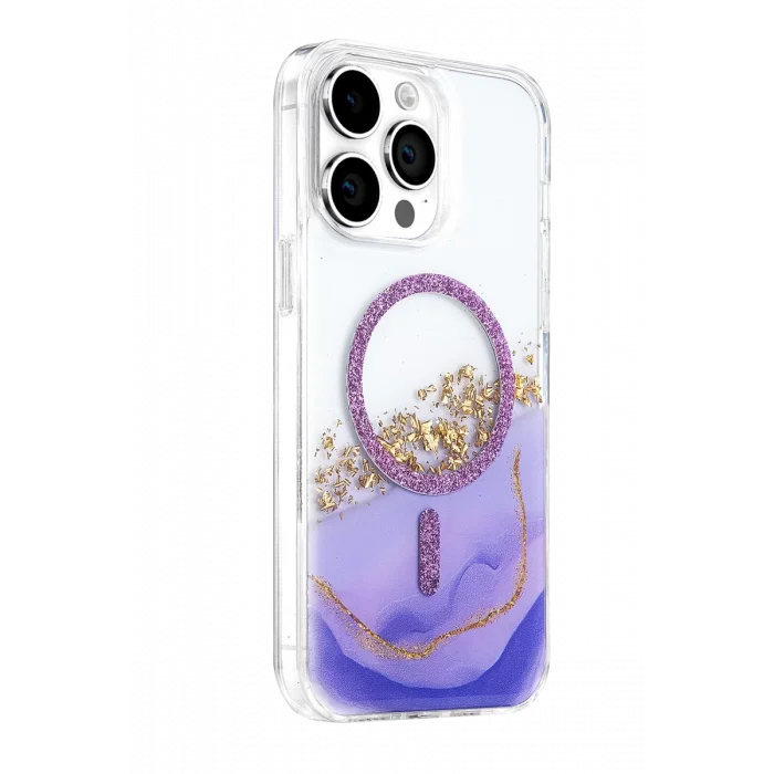 Onegif Apple iPhone 14 Pro Max Uyumlu Lotus Simli Magsafe Kapak - Mor