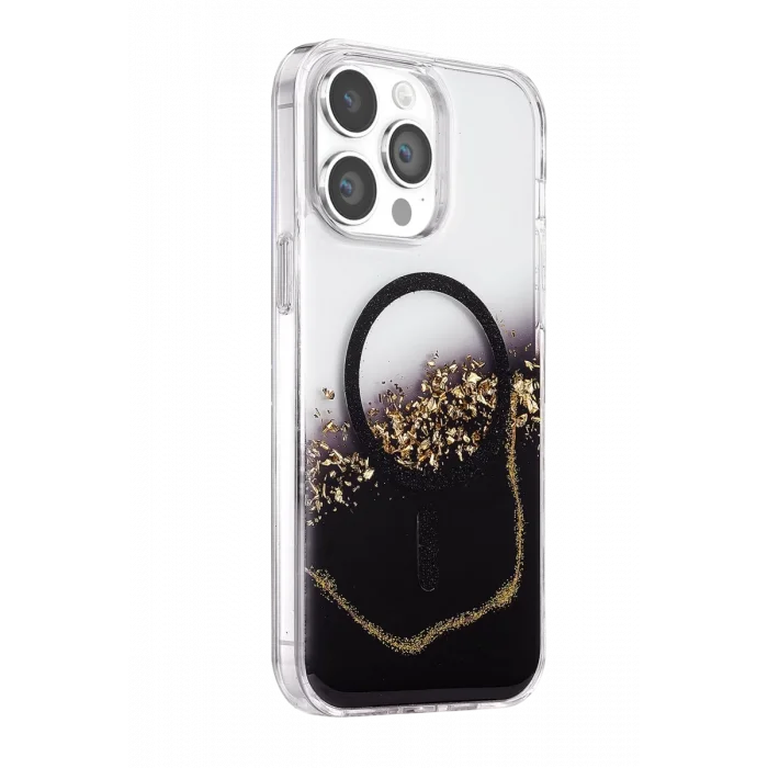 Onegif Apple iPhone 14 Pro Max Uyumlu Lotus Simli Magsafe Kapak - Siyah