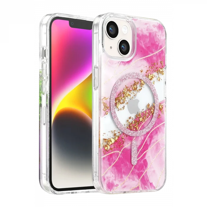 Onegif Apple İphone 15 Lotus Simli Magsafe Kapak - Pembe
