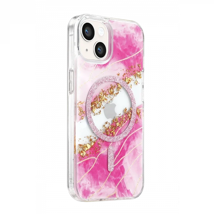 Onegif Apple İphone 15 Lotus Simli Magsafe Kapak - Pembe