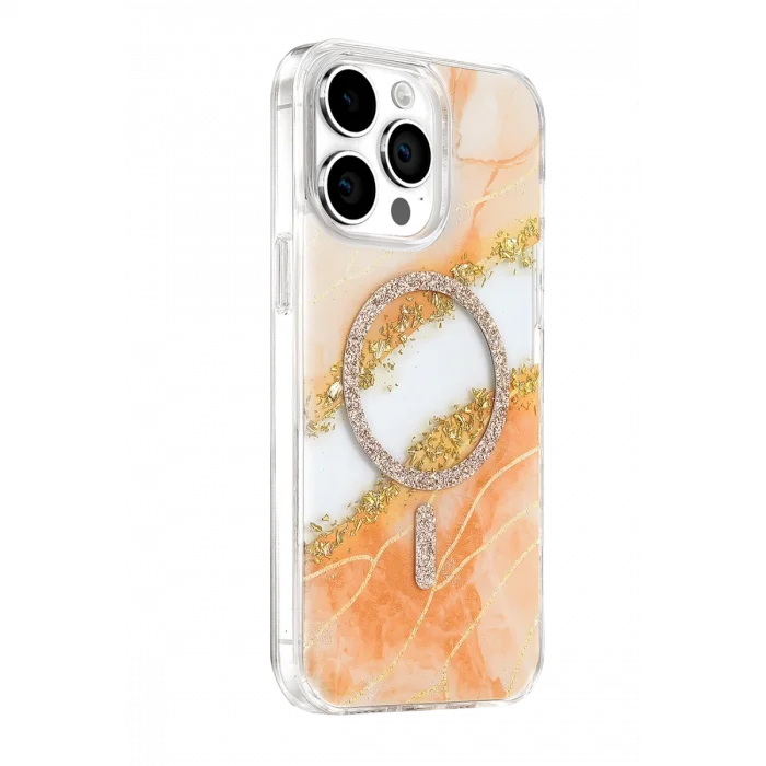 Onegif Apple İphone 15 Pro Max Lotus Simli Magsafe Kapak - Turuncu