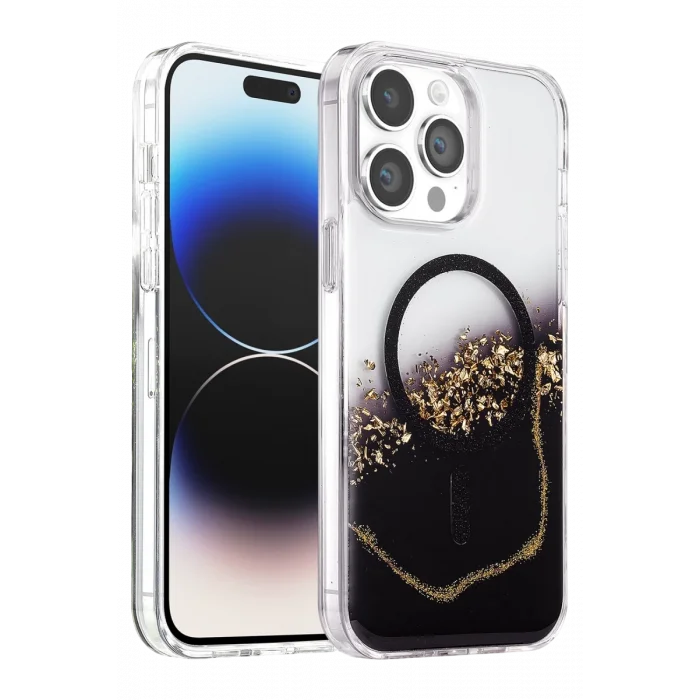 Onegif Apple iPhone 15 Pro Max Uyumlu Lotus Simli Magsafe Kapak - Siyah