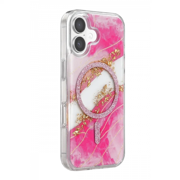Onegif Apple İphone 16 Lotus Simli Magsafe Kapak - Pembe