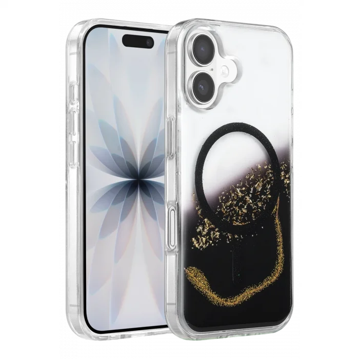 Onegif Apple İphone 16 Lotus Simli Magsafe Kapak - Siyah