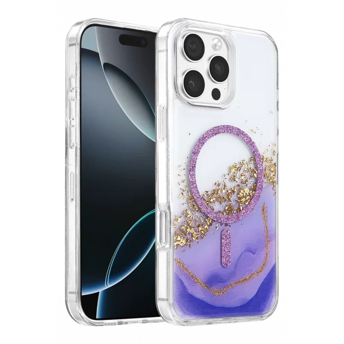 Onegif Apple iPhone 16 Pro Max Uyumlu Lotus Simli Magsafe Kapak - Mor