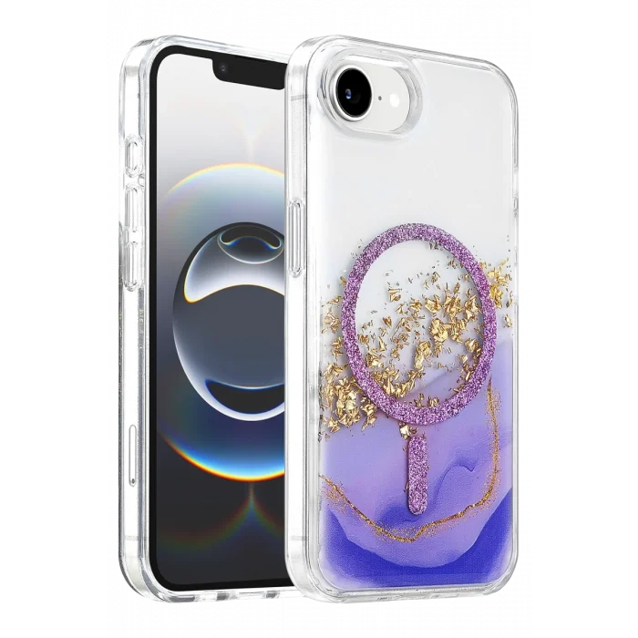 Onegif Apple iPhone 17E Uyumlu Lotus Simli Magsafe Kapak - Mor