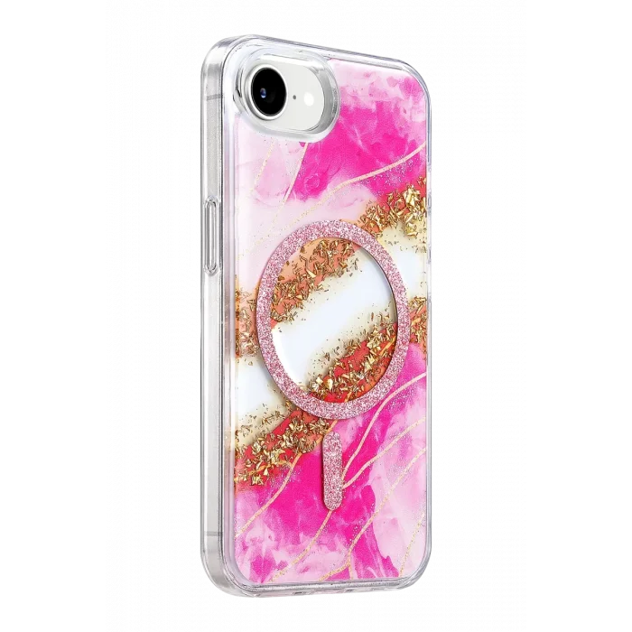 Onegif Apple iPhone 17E Uyumlu Lotus Simli Magsafe Kapak - Pembe