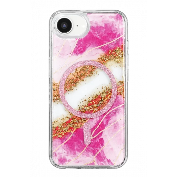 Onegif Apple iPhone 17E Uyumlu Lotus Simli Magsafe Kapak - Pembe