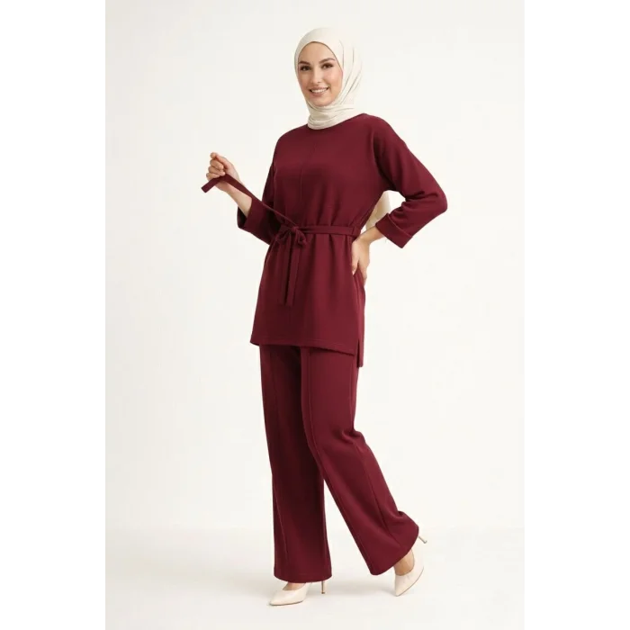 Osy Modal yumuşak dokulu Kadın Kuşaklı Tesettür Takım Salaş Kalıp 4/3 Kol Katlanmış kol İkili Takım - Bordo