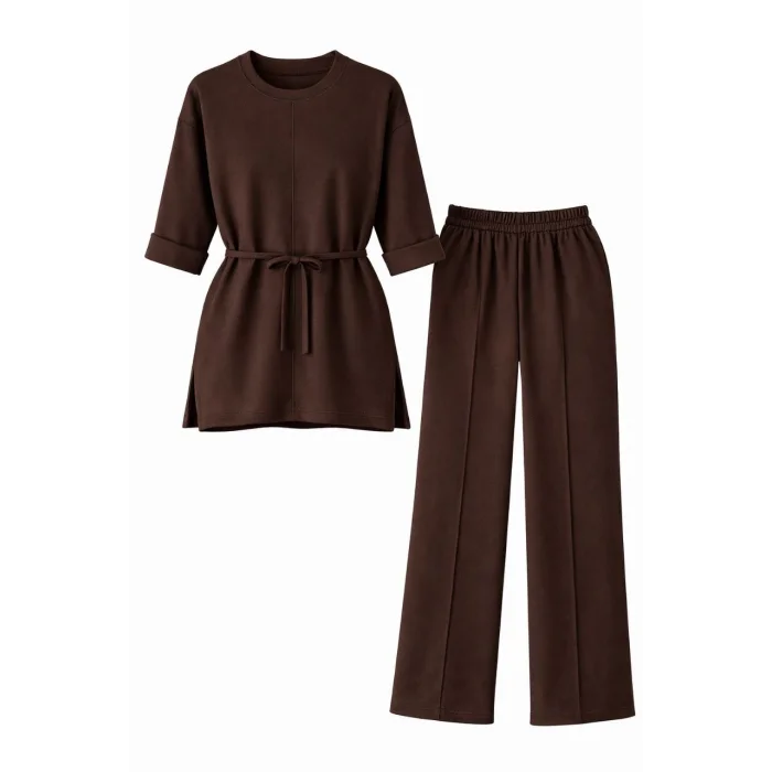 Osy Modal yumuşak dokulu Kadın Kuşaklı Tesettür Takım Salaş Kalıp 4/3 Kol Katlanmış kol İkili Takım - Kahverengi