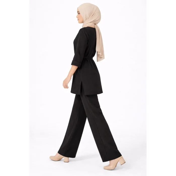 Osy Modal yumuşak dokulu Kadın Kuşaklı Tesettür Takım Salaş Kalıp 4/3 Kol Katlanmış kol İkili Takım - Siyah