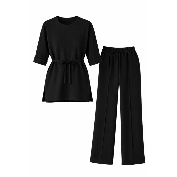 Osy Modal yumuşak dokulu Kadın Kuşaklı Tesettür Takım Salaş Kalıp 4/3 Kol Katlanmış kol İkili Takım - Siyah