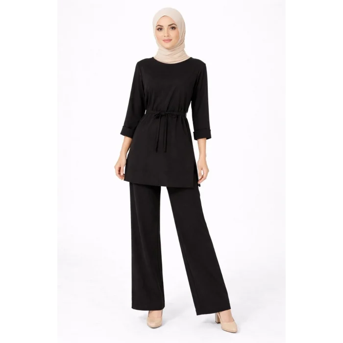 Osy Modal yumuşak dokulu Kadın Kuşaklı Tesettür Takım Salaş Kalıp 4/3 Kol Katlanmış kol İkili Takım - Kahverengi