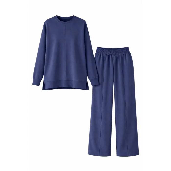 Osy Modal yumuşak dokulu Kadın Tesettür İkili Takım Yan Yırtmaçlı Uzun Tunik ve Düz Paça Pantolon, Salaş Kalıp - Lacivert