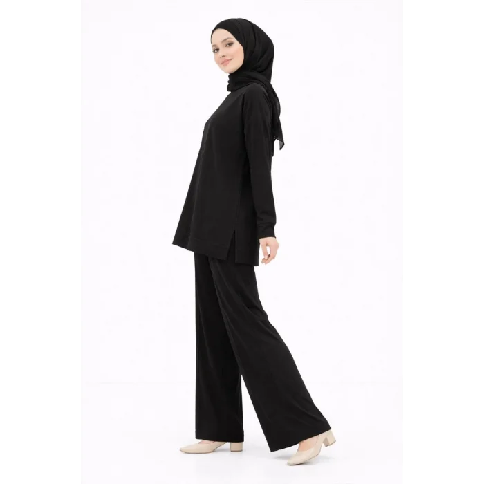Osy Modal yumuşak dokulu Kadın Tesettür İkili Takım Yan Yırtmaçlı Uzun Tunik ve Düz Paça Pantolon, Salaş Kalıp - Siyah