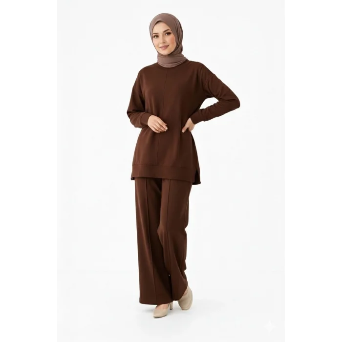 Osy Modal yumuşak dokulu Kadın Tesettür İkili Takım Yan Yırtmaçlı Uzun Tunik ve Düz Paça Pantolon, Salaş Kalıp - Kahverengi