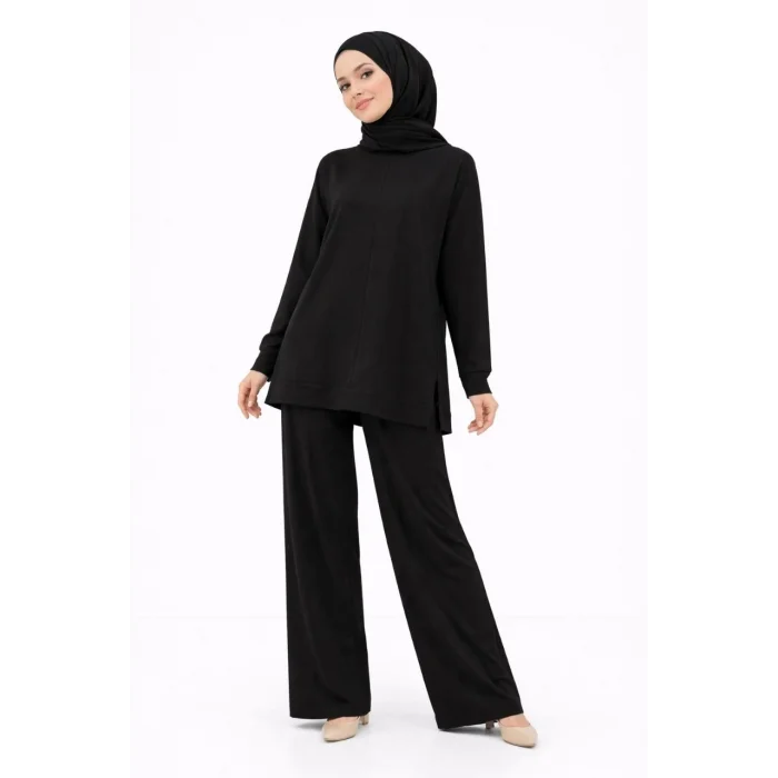 Osy Modal yumuşak dokulu Kadın Tesettür İkili Takım Yan Yırtmaçlı Uzun Tunik ve Düz Paça Pantolon, Salaş Kalıp - Siyah