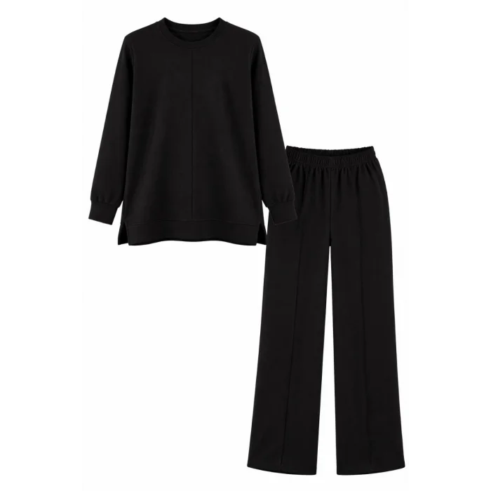 Osy Modal yumuşak dokulu Kadın Tesettür İkili Takım Yan Yırtmaçlı Uzun Tunik ve Düz Paça Pantolon, Salaş Kalıp - Siyah