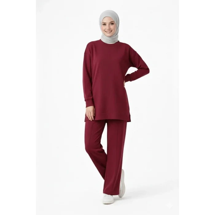 Osy Modal yumuşak dokulu Kadın Tesettür İkili Takım Yan Yırtmaçlı Uzun Tunik ve Düz Paça Pantolon, Salaş Kalıp - Bordo