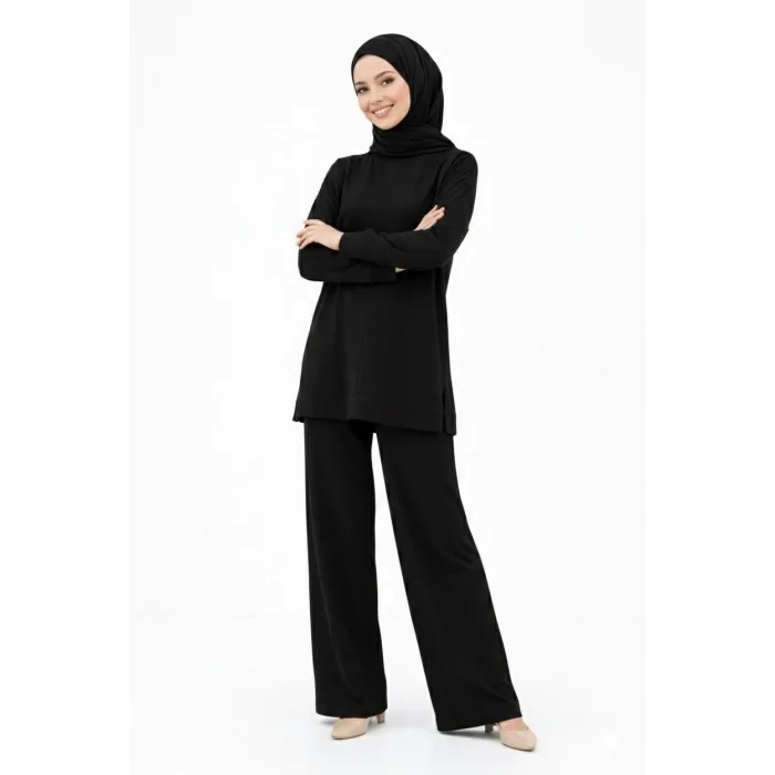 Osy Modal yumuşak dokulu Kadın Tesettür İkili Takım Yan Yırtmaçlı Uzun Tunik ve Düz Paça Pantolon, Salaş Kalıp - Siyah