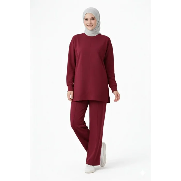 Osy Modal yumuşak dokulu Kadın Tesettür İkili Takım Yan Yırtmaçlı Uzun Tunik ve Düz Paça Pantolon, Salaş Kalıp - Bordo