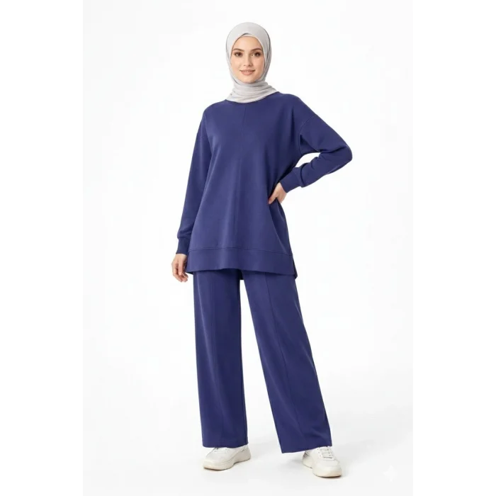 Osy Modal yumuşak dokulu Kadın Tesettür İkili Takım Yan Yırtmaçlı Uzun Tunik ve Düz Paça Pantolon, Salaş Kalıp - Lacivert