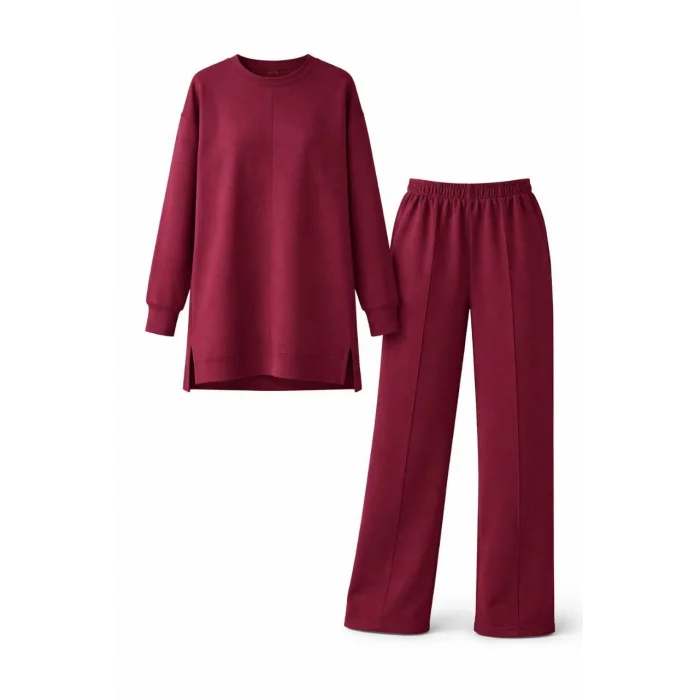 Osy Modal yumuşak dokulu Kadın Tesettür İkili Takım Yan Yırtmaçlı Uzun Tunik ve Düz Paça Pantolon, Salaş Kalıp - Bordo