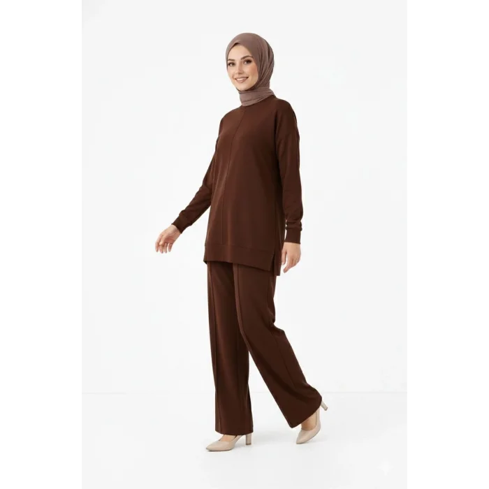 Osy Modal yumuşak dokulu Kadın Tesettür İkili Takım Yan Yırtmaçlı Uzun Tunik ve Düz Paça Pantolon, Salaş Kalıp - Kahverengi